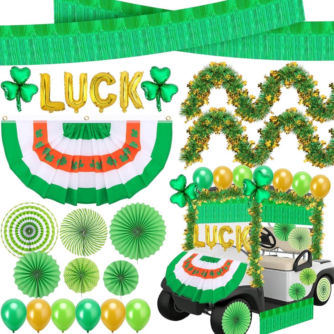47 Pcs St. Patrick's Day Golf Cart Decorations Kit, St. Patrick Parade Car Decorations, Luck Shamrock Balloons Pleated Fan Flag Tinsel Garlands Foil Curtains Paper Fans for Irish Festival Party Decor
