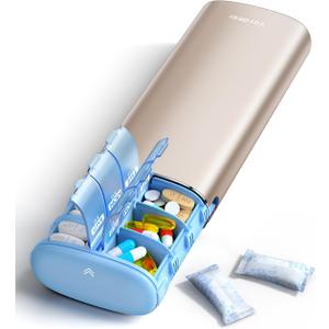 Vaydeer Metal 7 Day Pill Organizer 2 Times a Day  AM PM Weekly Travel Pill Case with Moisture-Proof Desiccant, Airtight Large Capacity Pill Box for Vitamins, Medications & Supplements (Champagne)