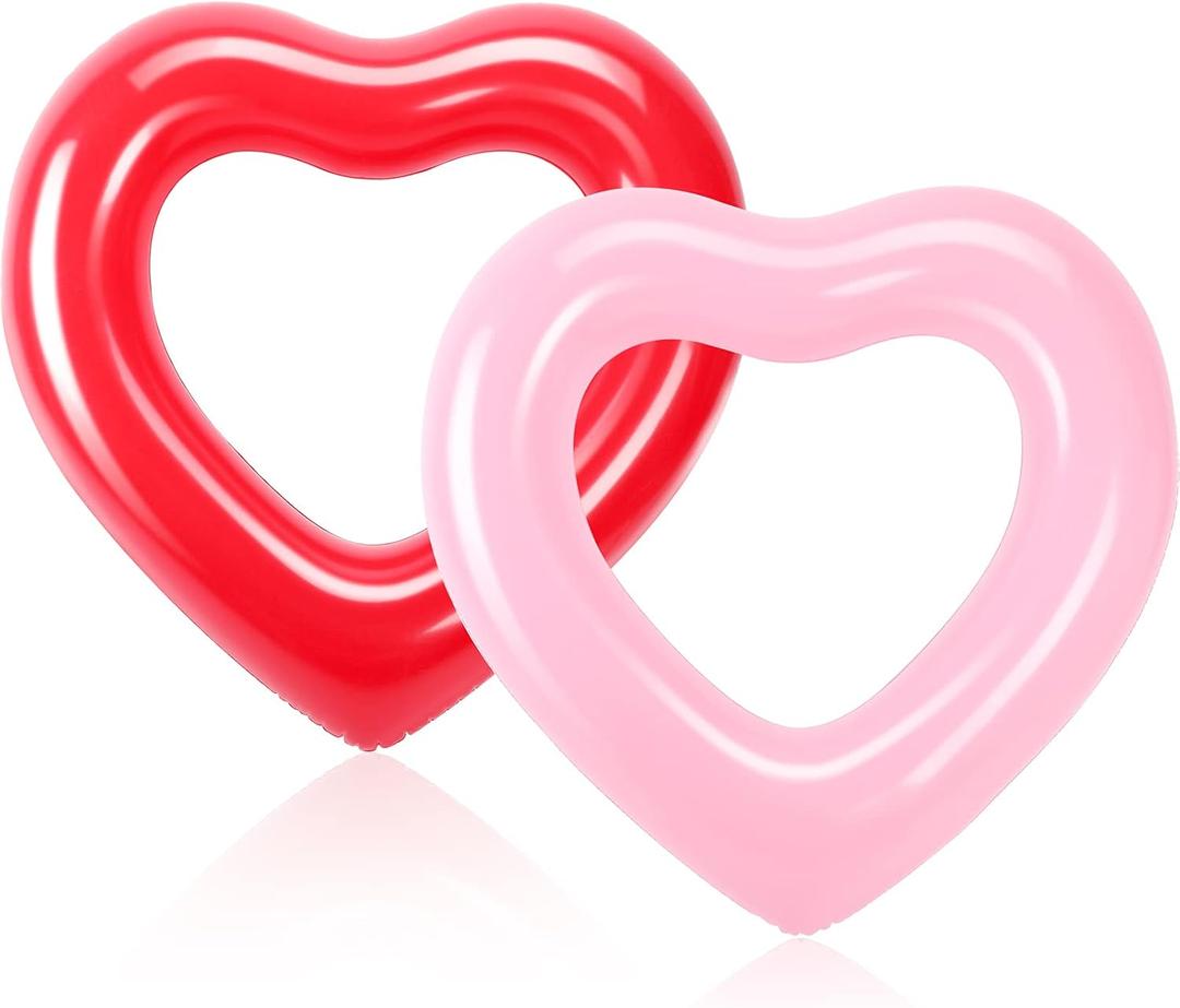 Sumind 2 Pieces Heart Pool Float, 47.3 x 39.4 Inch Inflatable Swim Rings Bachelorette Party Pool Float Tube, Heart Shaped Summer Swimming Ring, Water Beach Party for Adults (Pink, Red)