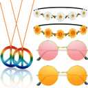 NEBURORA Hippie Costume Accessories Set 60s 70s Daisy Headband Peace Sign Necklaces Hippie Sunglasses for Carnival Party