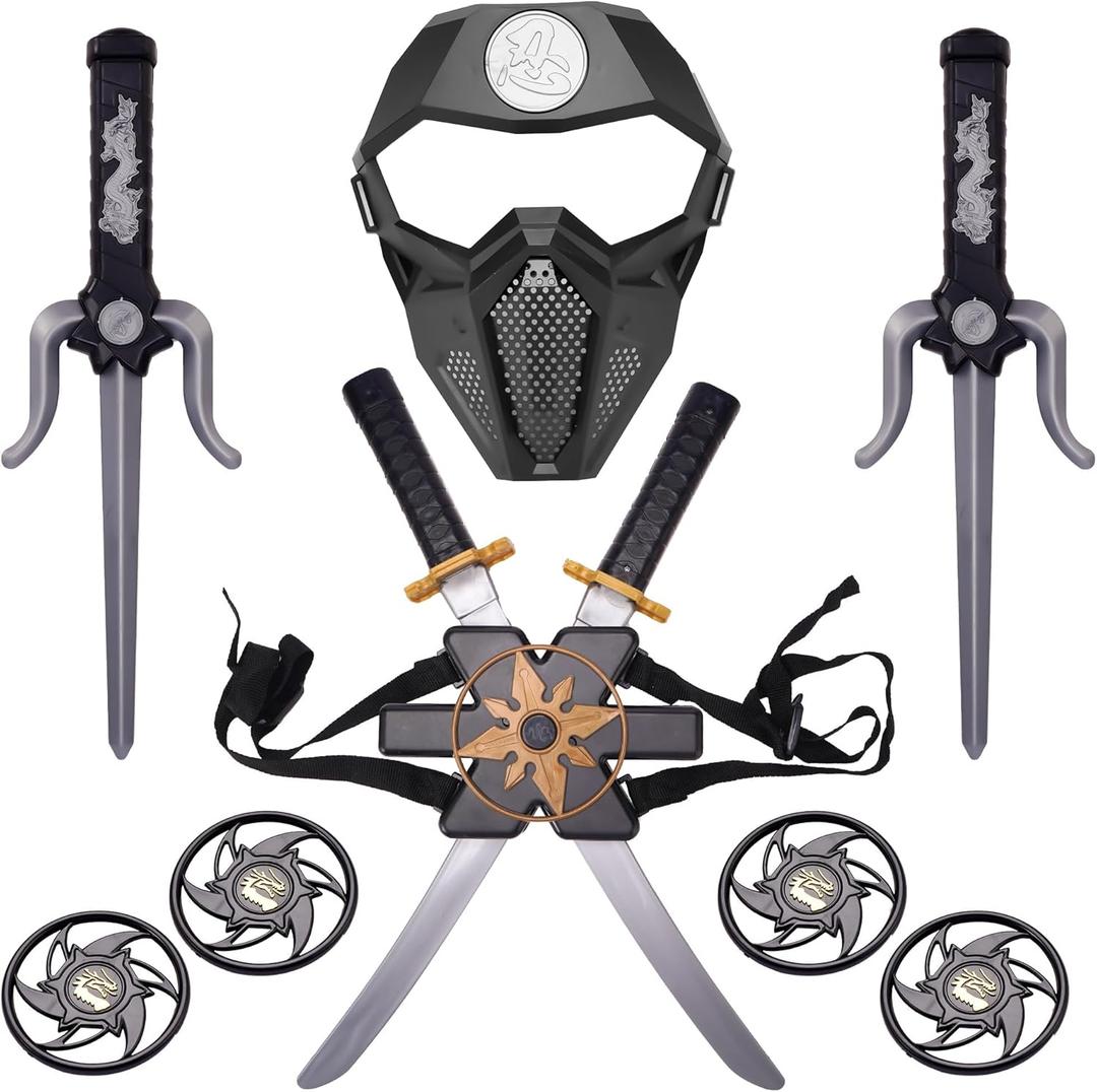 Ninja Toy Weapons Set with Backpack Case Swords Katana Throwing Discs Mask for Kids Role Play Costume Accessories