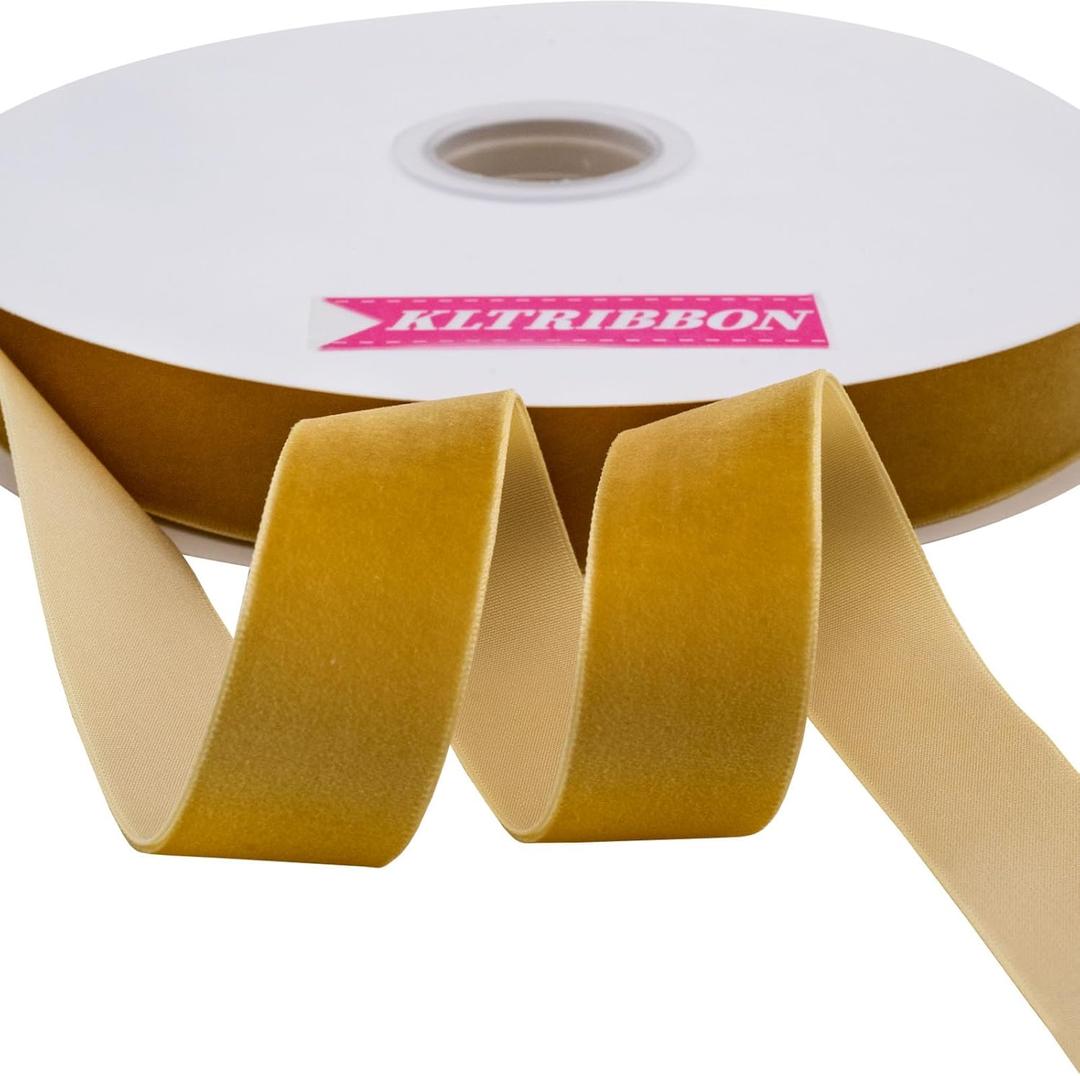 KLTRIBBON Nylon Velvet Ribbon Single Faced,1 Inch X 25Yards Spool (Gold)