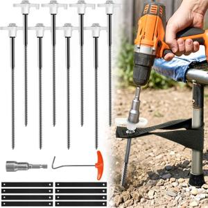 Heavy-Duty Trampoline Stakes for High Wind, 10-Inch Galvanized Steel Rebar Ground Anchors with Drill Bit, Rust-Proof Tie Downs for Hard Soil, Tent, Swing Sets & Canopies (8 Pack)