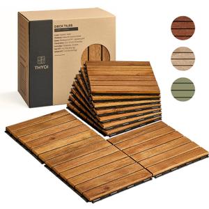 THYOI 10 Pcs Deck Tiles, Patio Flooring - Outdoor Waterproof Acacia Wood Tiles for All Weather Use - Balcony, Backyard, Indoor & Outdoor (Golden Teak Striped Pattern, 10 Square Ft)