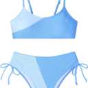 Girls Swimsuits Bikini Set 2 Pieces Color Block Bikini with Adjustable Shoulder Strap Girls Bathing Suit 11-12Y (Blue)