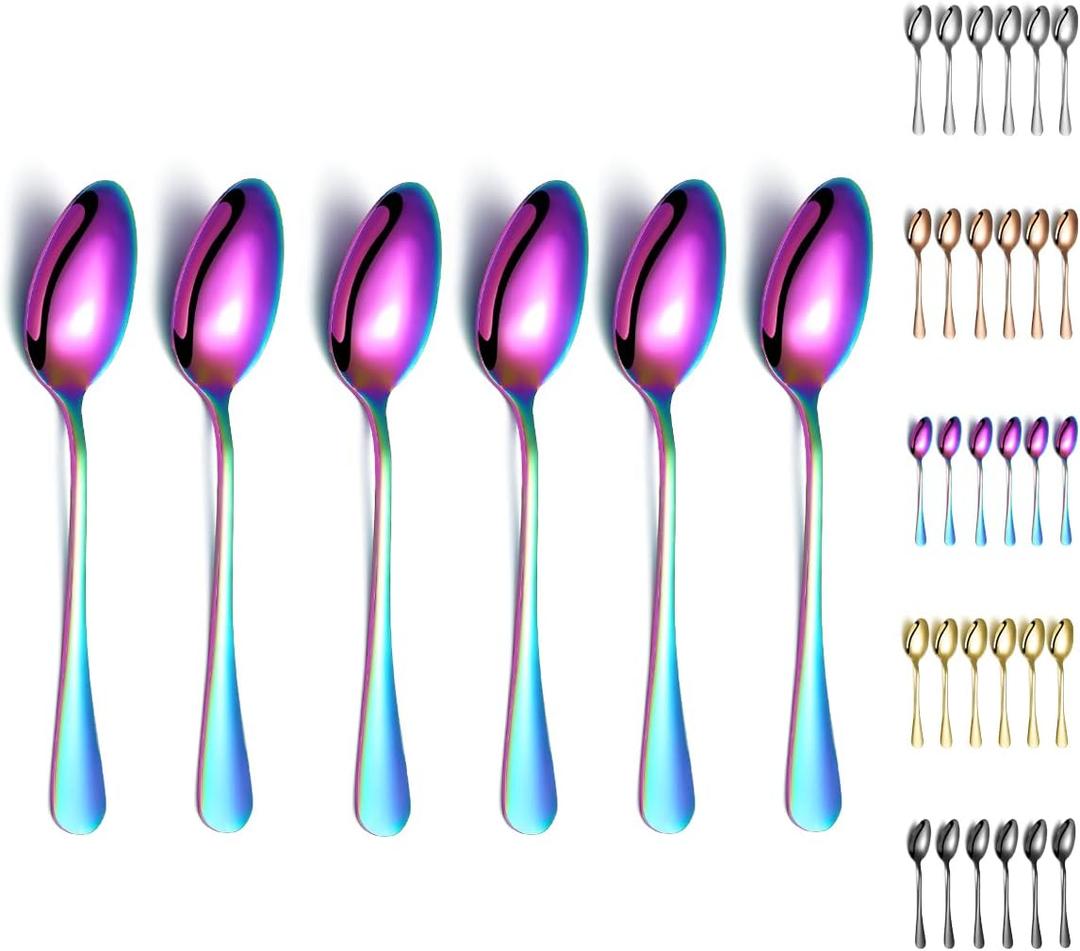 Rainbow Dinner Spoons, Kyraton 6 Pieces 7.5" Stainless Steel Table Spoon With Titanium Colorful Plating, Rainbow Soup Spoons, Dessert Spoons Sliverware Dishwasher Safe, Set of 6