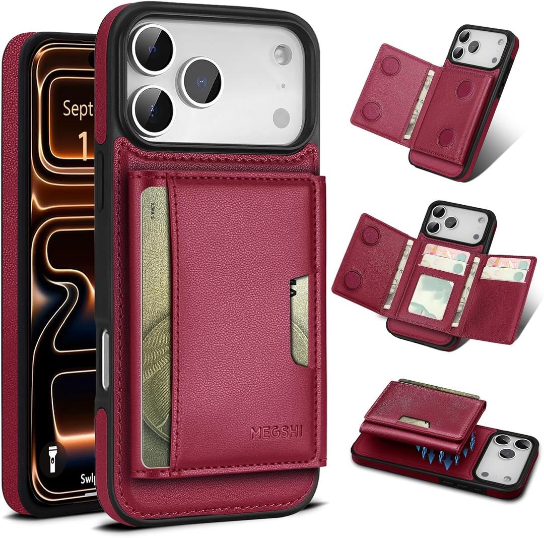 for iPhone 17 pro Wallet Case, 2-in-1 Detachable Wallet Case, Card Holder RFID Blocking, Fashionable Faux Leather Card Slot & Folding Design (Red)
