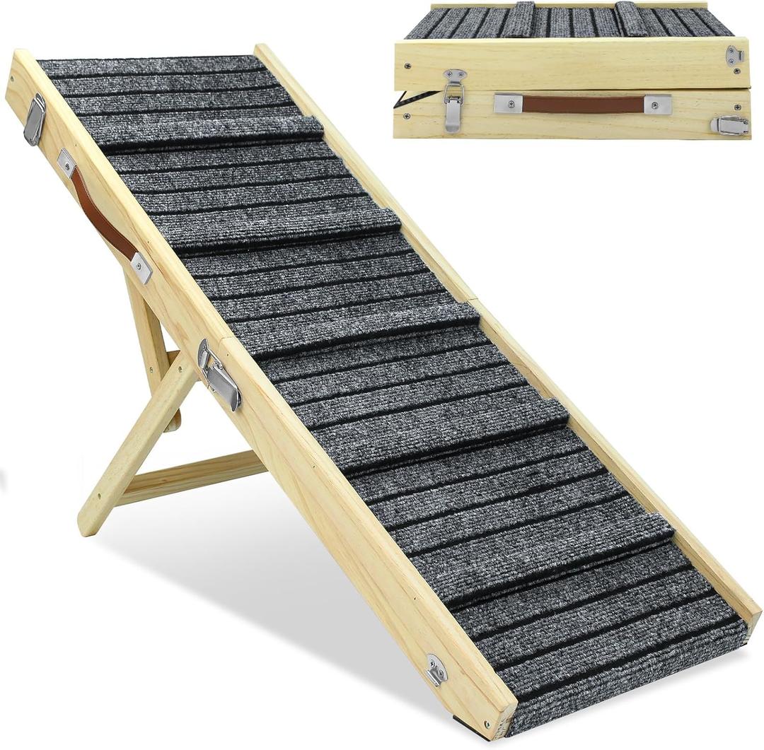 Large Dog Ramp, 47.2" Long and 15.8" Wide Wooden Folding Portable Pet Ramp, Adjustable from 11.8" to 29.5" with Non-Slip Traction Mat, Dog Ramps for Car, Bed, Couch, Rated for 150 LBS (47.2"-Grey)