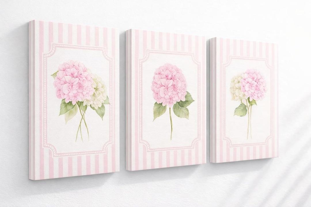 MTFBWY Framed Pink Hydrangea Wall Art Set of 3, Pastel Floral Wall Decor Botanical Canvas Prints, Feminine Flower Pictures for Bedroom, Nursery, or Girl Room 16x24in