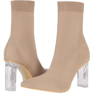 Shoe'N Tale Women's Knit Sock Ankle Boots Pointed Toe Clear Mid Heel Slip-on Stretch Booties Shoes (Brown)