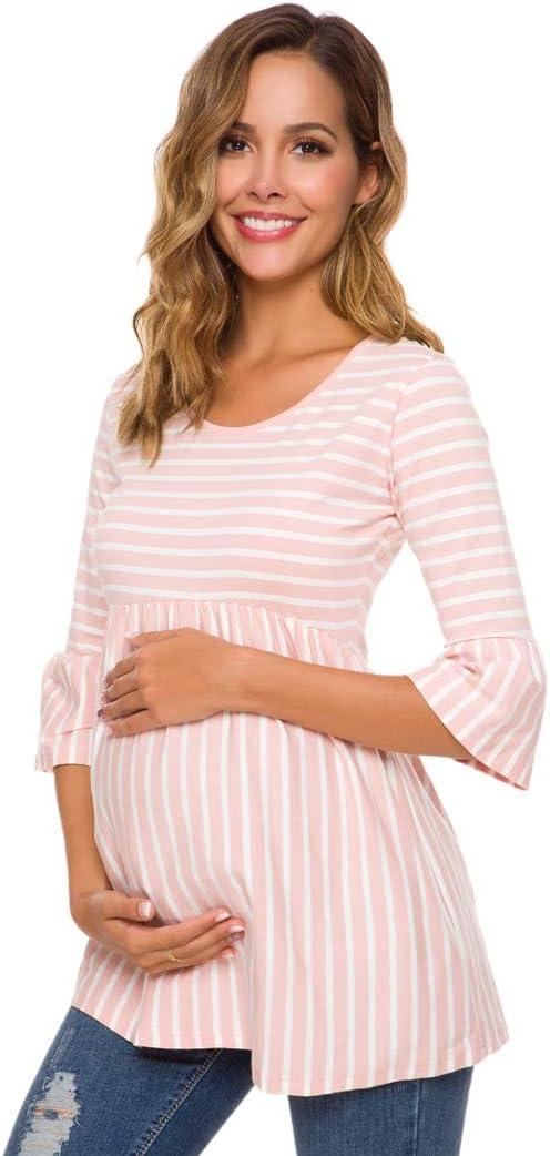 Ecavus Womens Casual Maternity Tops Striped Peplum 3/4 Ruffle Sleeve Shirt Ultra Soft Pregnancy Clothing (Small, 02-pink White Stripe)