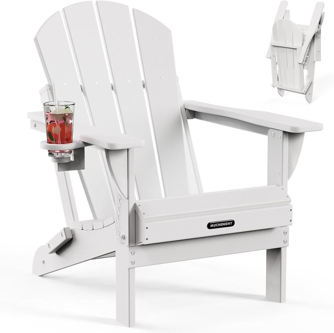 MUCHENGHY Folding Adirondack Chairs, Patio Chairs, Lawn Chairs, Outdoor Chairs, Adirondack Chair Plastic, Fire Pit Chairs, Weather Resistant with Cup Holder for Deck, Backyard, Garden(White)