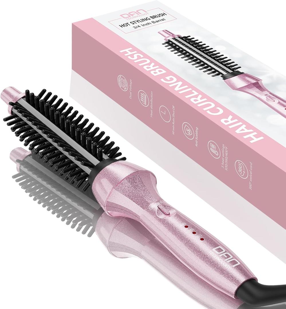 DAN Technology Thermal Brush, Dual Voltage Travel Curling Brush, 60 min Shut Off Electric Curling Brush, Temperature Adjustable Heated Curling Brush, 3/4 inch Curling Irons