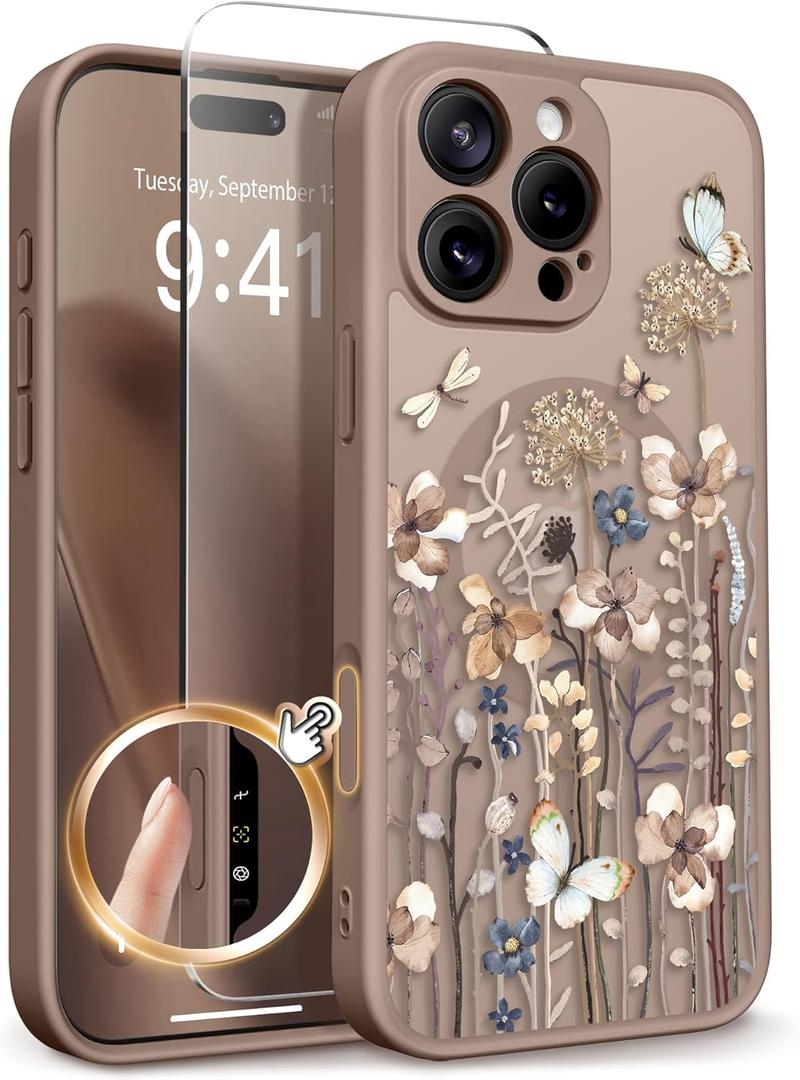 GVIEWIN for iPhone 16 Pro Max Case Compatible with MagSafe, [Military Grade Protection] [Screen Protector] Full Camera Protection Floral Translucent Women Magnetic Phone Case, Autumnflit/Brown