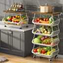 SAYZH Fruit Basket for Kitchen with Wood Top 5 Tier, Stackable Fruit and Vegetable Storage Cart, Wire Storage Basket with Wheels, Vegetable Basket Bins Rack for Onions and Potatoes, White