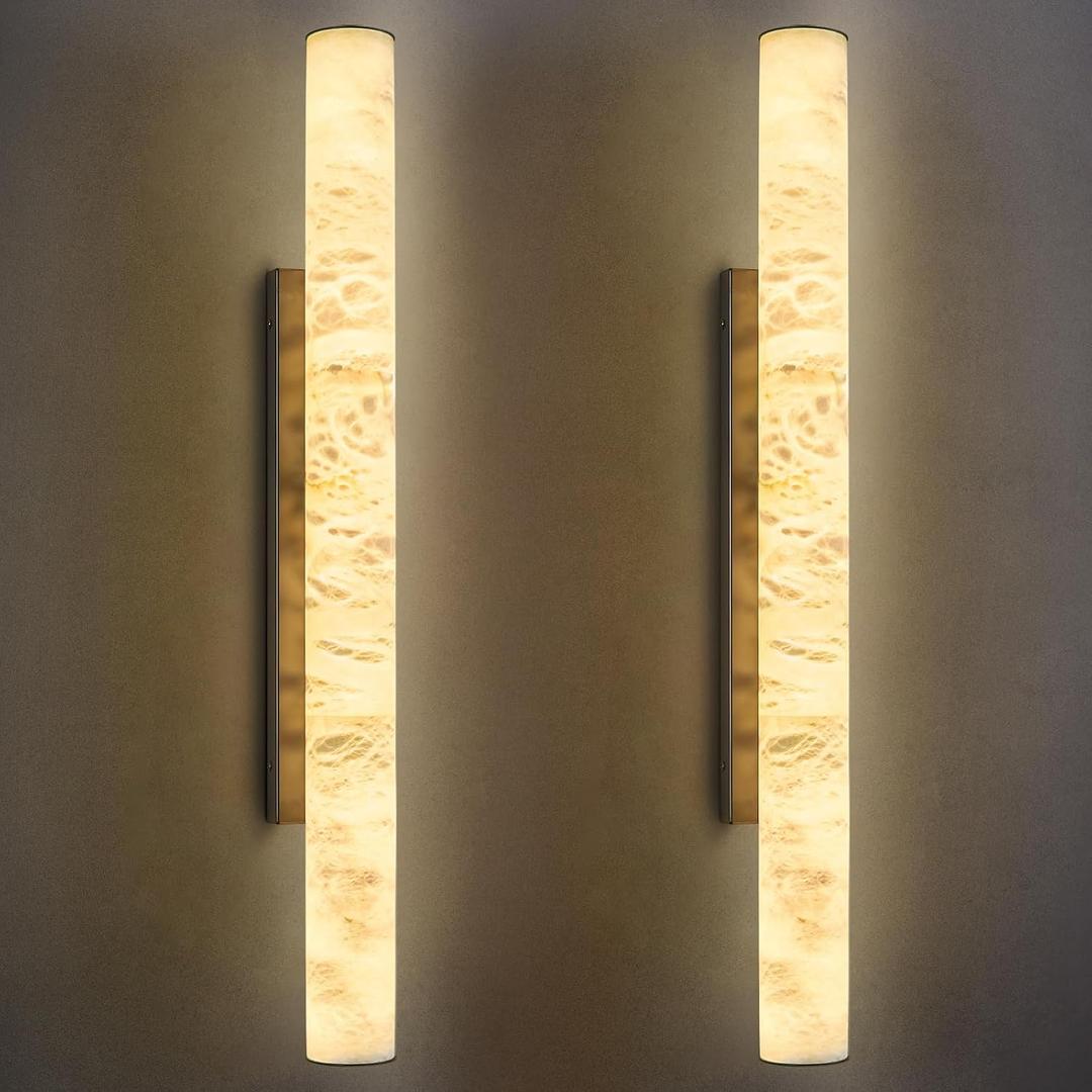 LMQNINE Natural Alabaster Wall Sconces Set of Two Spanish Marble Wall Light Cylinder Modern Black LED Sconce for Living Room Bedroom Bathroo Stairs（L-2Pack）