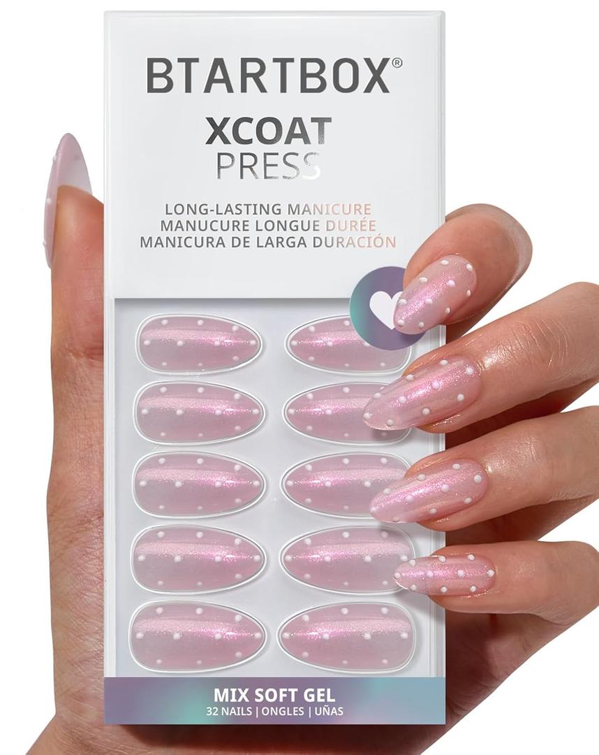 BTArtbox Press On Nails Almond - Polka-Dot Dress, Lamp-Curable 3D Polka Dot Glitter Medium Press On Nails with Glue and Adhesive Tabs for Women in 16 Sizes - 32 Nails All-in-One Kit