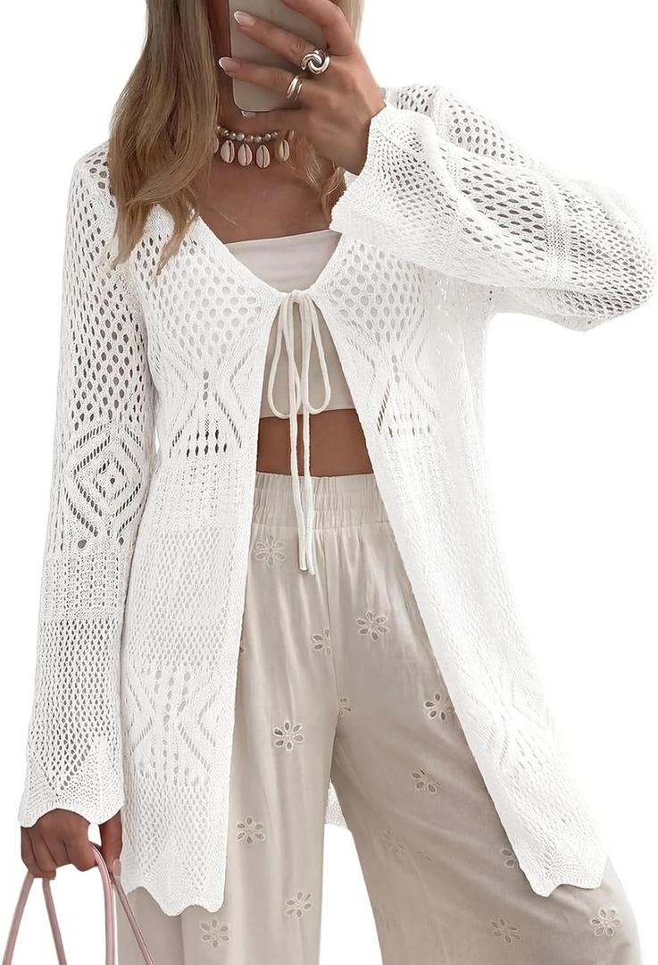 SHEWIN Crochet Cardigans for Women Long Sleeve Tie Front Bow Cardigan Sweaters Hollow Out Knit Summer Beach Vacation Coverups (X-Large, White)