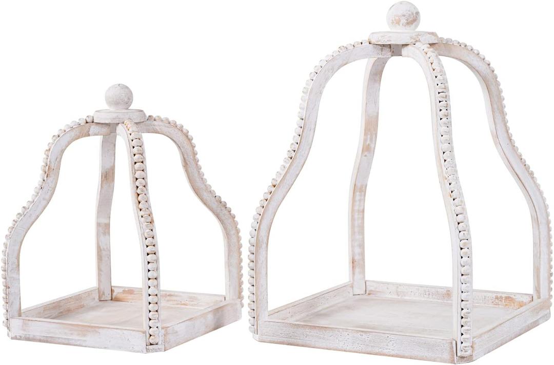 2 Pack Wood Beaded Lantern Set Vintage Rustic Farmhouse Decorative Candle Lanterns, Distressed White