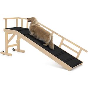 Dog Ramp for Bed or Couch, Wooden Pet Ramp with 20 Gentle Slope, Removable Side Rails, Non-Slip Surface, Top Platform & Wheels, Safe Bed Ramp for Small, Large & Senior Dogs, 60" Long, Natural