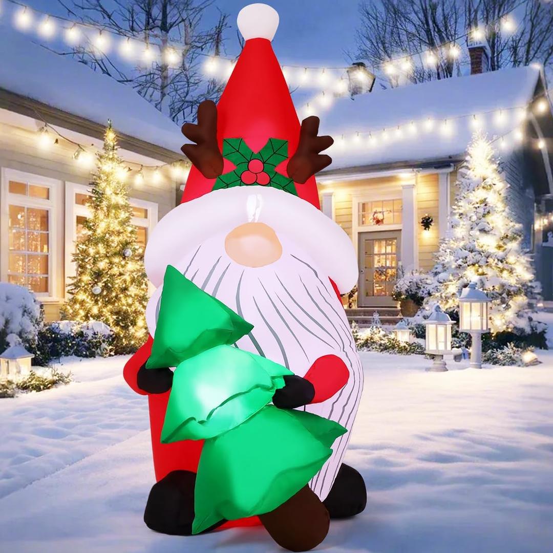 COMIN 5.2 FT Christmas Inflatables Outdoor Decorations Inflatable Gnomes Hold Christmas Tree Blow Ups with Built-in LEDs for Yard Party Lawn Decor