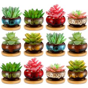 12 Pcs Succulent Pots 2.5 Inch Mini Ceramic Succulent Garden Flower Pots Planters with Drainage and Bamboo Tray for Indoor Garden Plants Planters Colorful Flower Pot(Round,1.2 Inch H)
