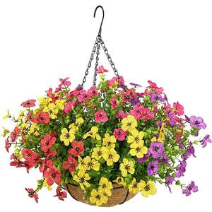 Artificial Flowers in Basket,Artificial Hanging Baskets with Flowers for Outdoor Indoor Courtyard Decor,12 inch Coconut Lining Basket for Patio Garden Porch Deck Decoration (Multi Color)