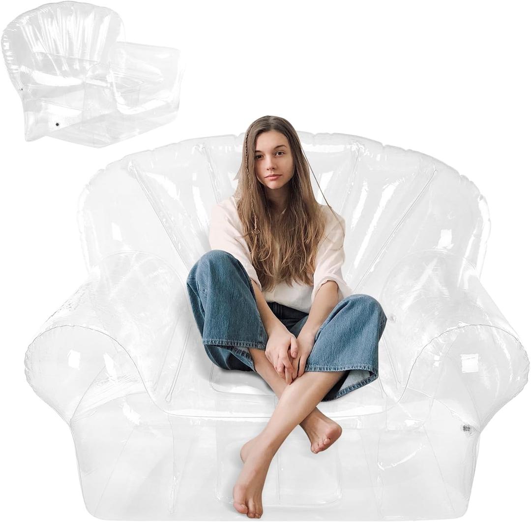 Inflatable Chair, Transparent Inflatable Couch Sofa Adult, 43.3'' x 33.5'' x 29.5'' Outdoor & Indoor Blow Up Couch for Bedroom, Balcony, Pool, Lawn, Travel, Maximum Load 300LB (Transparent)