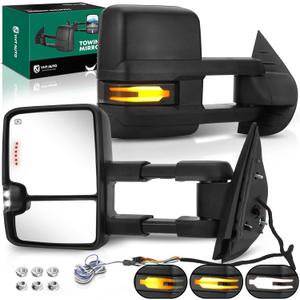 YHTAUTO Towing Mirrors for 07-14 Silverado Sierra, Tahoe, Yukon(XL), Suburban, Avalanche, Power Adjusted Heated, Arrow & Turn Signal & Running & Backup Lights, Extended Driver Passenger Car Mirrors (Smoke)