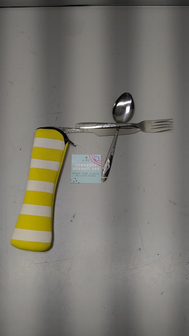 4 PC Reusable Utensil Set, Spoon, Fork, & Knife Included In Bag