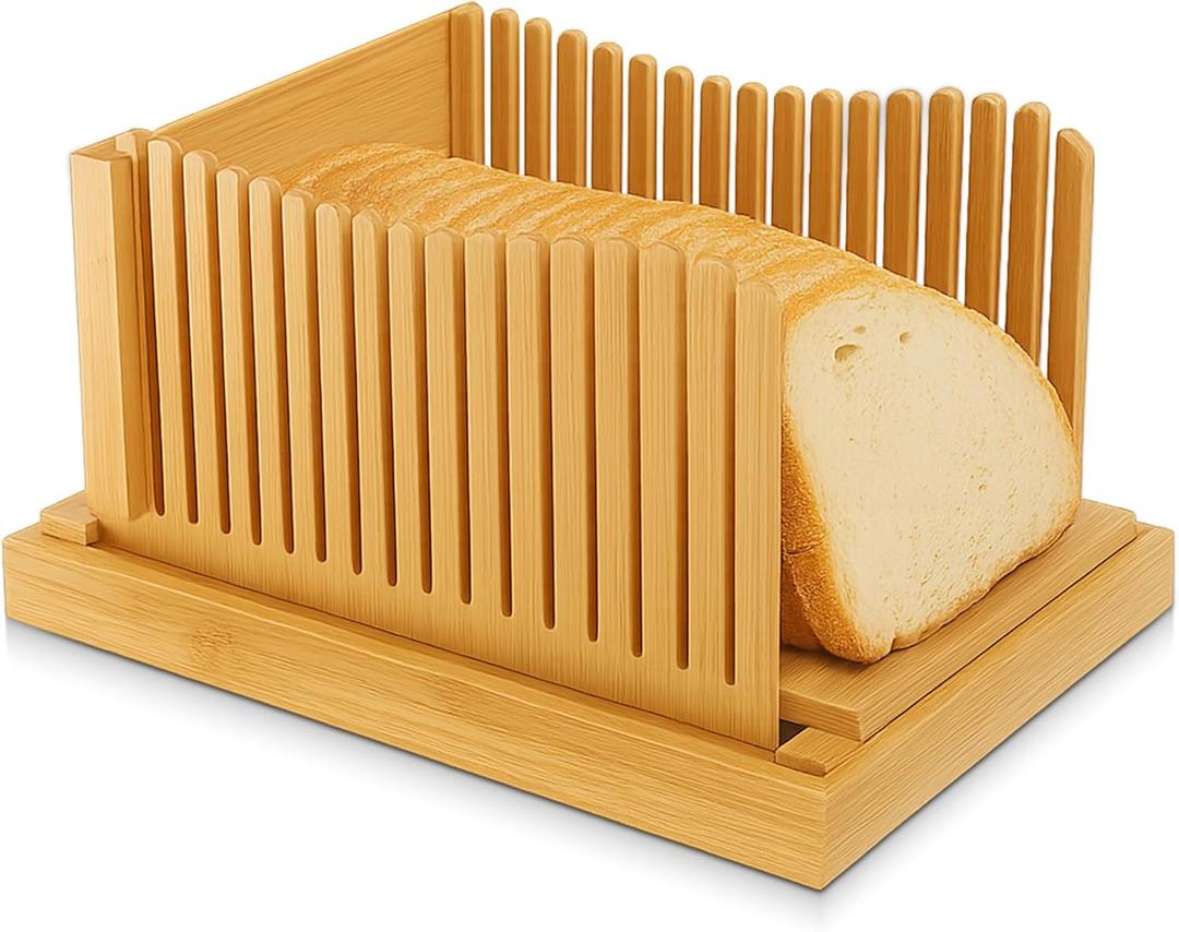 Bread Slicer for Homemade Bread, Foldable Bamboo Bread Cutter with Adjustable Thickness, Crumb Catcher Tray, and Non Slip Base  Sourdough & Loaf Slicer for Bakers