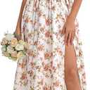 KUTUMAI Floral Corset Midi Dress Flowy Slit Summer Spring Wedding Guest Dresses for Women Sundress with Pockets (White, M)