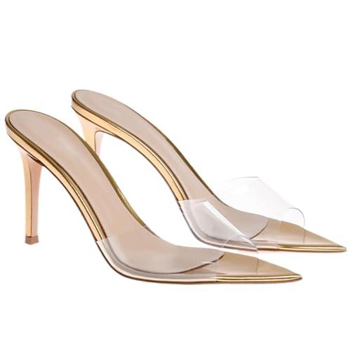 WYUETRA Women's Clear Pointed Toe Slingback Stilettos Heel Sandals Fashion Sexy Comfortable Summer Open Toe Backless Slip On Dress Slides Sandals for Casual Outdoor Party Work Wedding (Gold, 8)