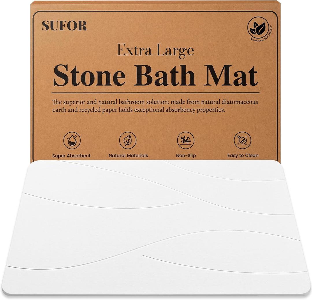 32"x20" Stone Bath Mat, Diatomaceous Earth Shower Mat, Non-Slip Super Absorbent Quick Drying Bathroom Floor Mat, Natural, Easy to Clean (Milky White)
