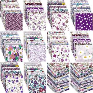 Kinlop 600 Pcs 5 x 5 Floral Cotton Fabric Patchwork Fat Quarters Bundles Precut Fabric Square Printed Cotton Strips Quilting for Spring Holiday DIY Craft Sewing(Purple)