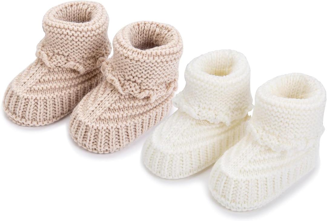 2 Pairs Baby Booties Newborn Baby Hand Crochet Knit Boots Infant Soft Cozy Warm Shoes for Toddler Girls Boys (White)