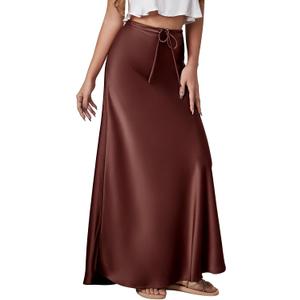 Long Silk Skirt Women's Spring Summer Satin Silk High Waist Drawstring Ruffle A Line Maxi Skirt (Brown, L)
