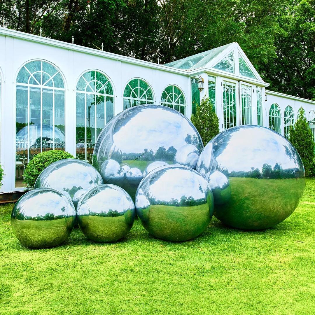 6-Pc Silver Inflatable Mirror Ball Set, Large Shiny Decor Balls, 6 Count