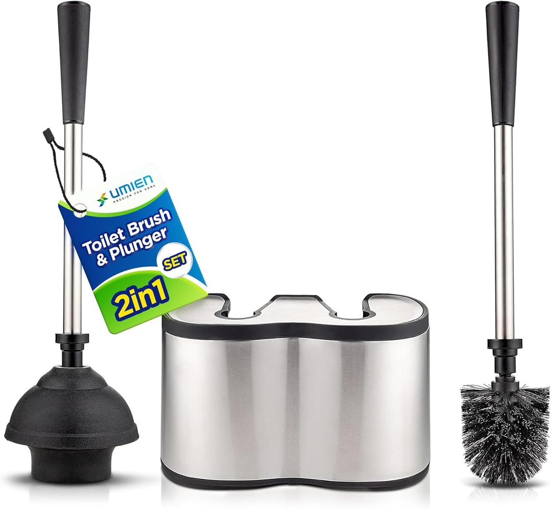UMIEN Toilet Brush and Plunger Set 18-in - Updated 2025 No-Rust - Stainless Steel Design - Long Handles - with Freestanding Canister (Satin Nickel)