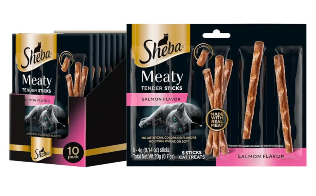 Sheba Meaty Tender Sticks Chicken Cat Treats, Salmon Flavor, Cat Snacks, 0.14 oz., 5 Count, Pack of 10 (50 Sticks Total) BB 07/13/2027