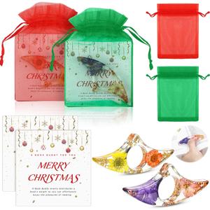2 Sets Christmas Book Page Holder 2 Pcs Dried Flower Resin Thumb Ring Book Page Holder 2 Pcs Christmas Greeting Cards 2 Organza Bags with Drawstring Reading Accessories for Book Lovers Gifts(Arch)