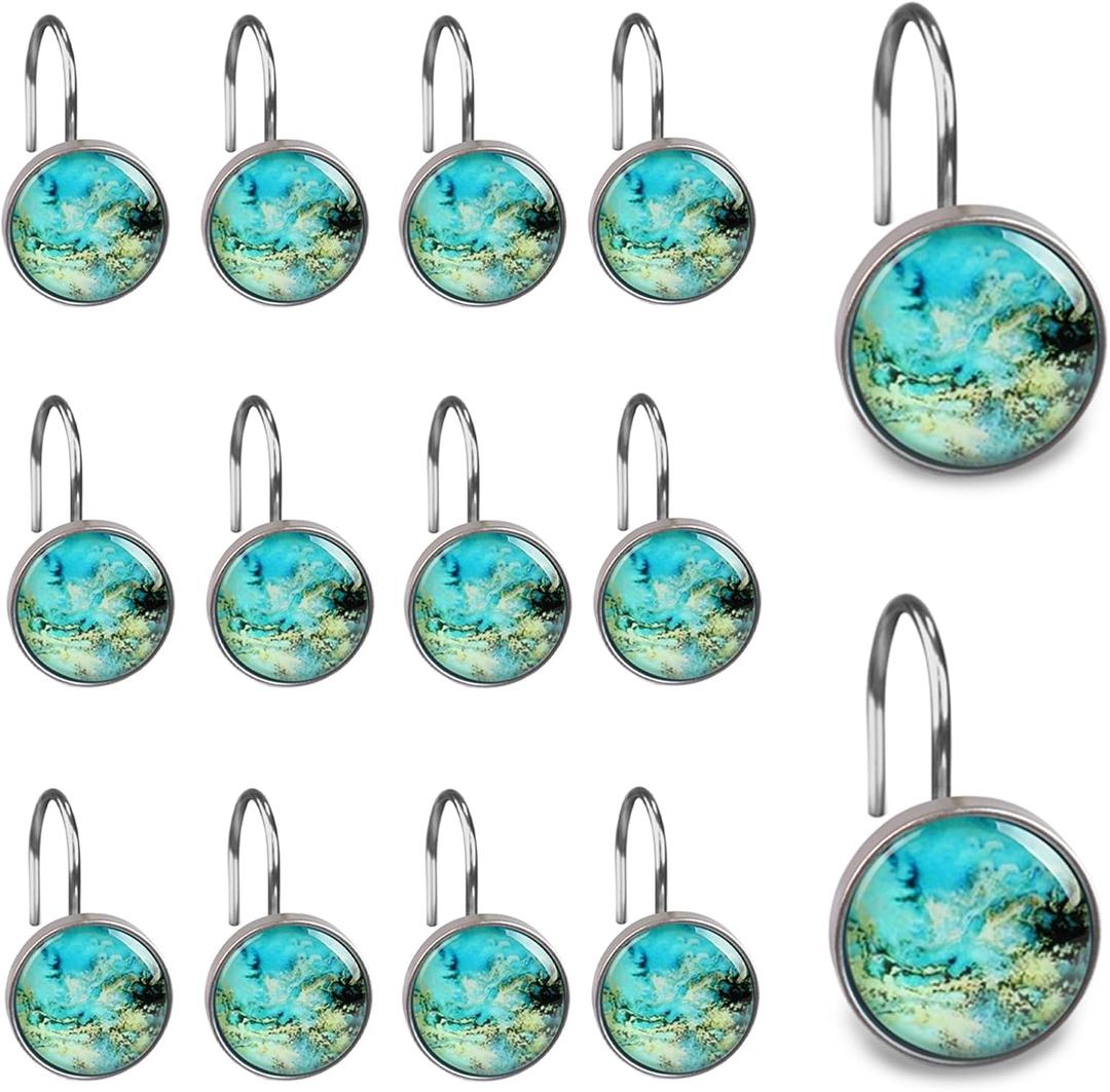 Decorative Blue Green Glass Shower Curtain Hooks Glass Curtain Rings,Stainless Steel Rust Bathroom Hooks for Bathroom Bedroom Kitchen Home Bath Room Rods Decor 12Pcs