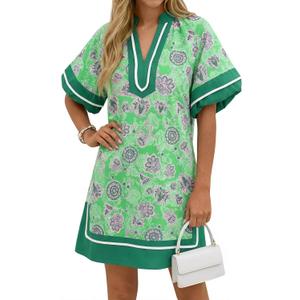 Wenrine Womens Summer Puff Sleeve Casual V Neck Mini Boho Floral Dresses (Green)