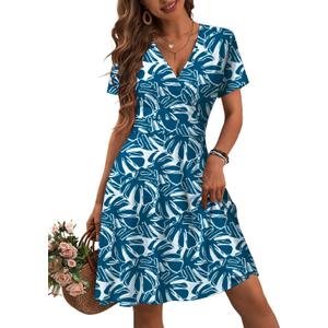 MSBASIC Womens Summer Wrap V Neck Casual Dresses Floral Short Sleeve A-Line Midi Sundress (L)