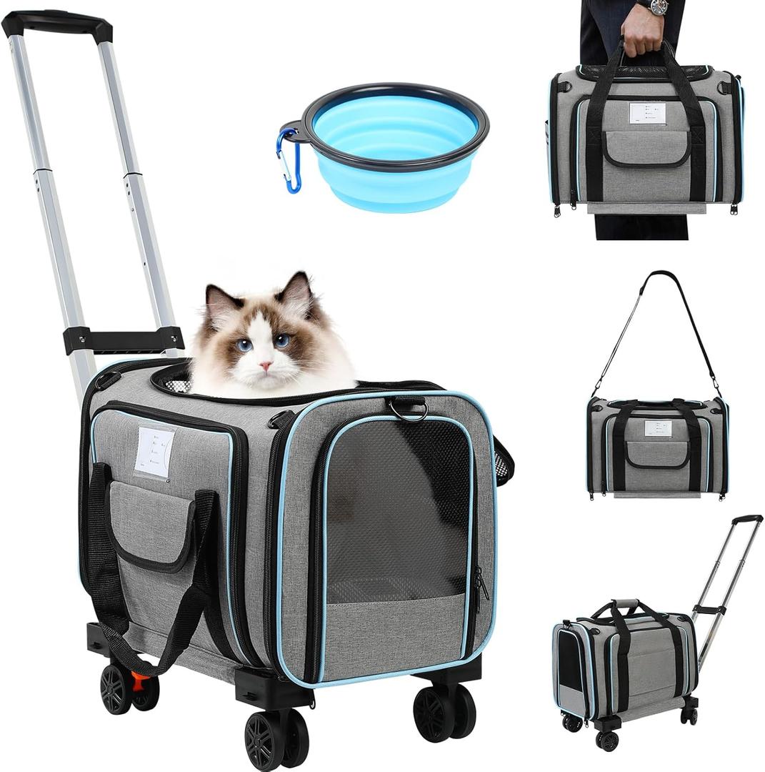 Pet Carrier Airline Approved, Expandable Pet Cat Carriers with Wheels for Dogs, Airline Approved Cat Dog Carrier, TSA Approved Pet Carrier In Cabin, Pet Dog Cat Carrier Soft, Cat Travel Carriers (Grey)