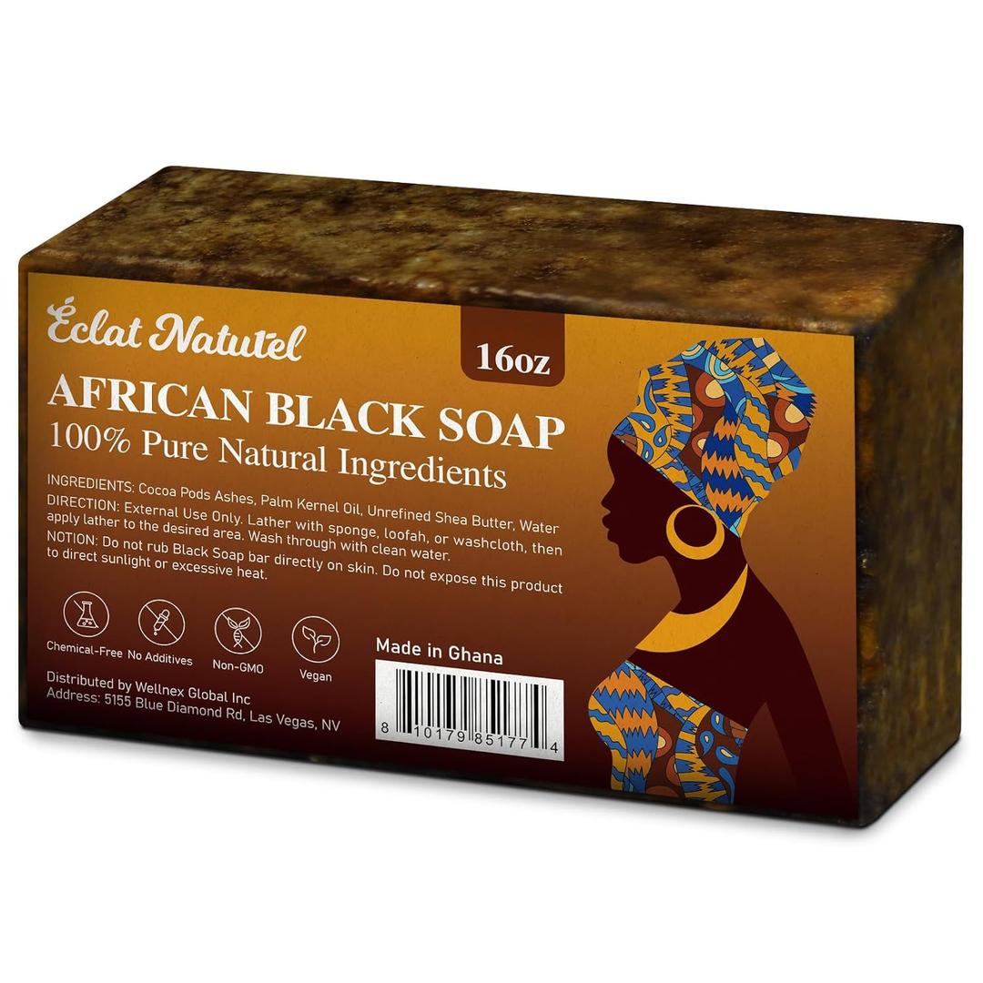 African Black Soap, 100% Pure & Natural, With Raw Shea Butter, Palm Kernel Oil and Cocoa Pods Ash for Dry & Oily Skin Care, Supports Acne & Eczema Treatment, 1 LB (16 oz)