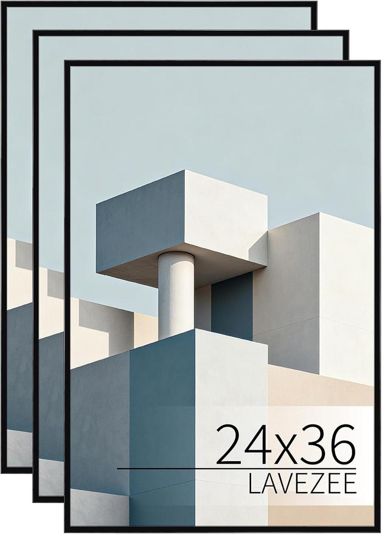 Lavezee 24x36 Poster Frame Black, Lightweight 24 x 36 Poster Frames for Wall Mounting, Display 24 by 36 Pictures, Posters & Art Prints Vertically or Horizontally, 3 Packs