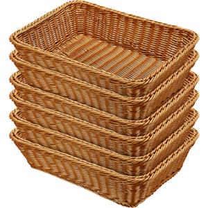 6 Pcs 17.7 Inch Poly Wicker Bread Basket Woven Bread Baskets Rattan Fruit Tabletop Food Basket for Vegetables Restaurant Kitchen Serving Display