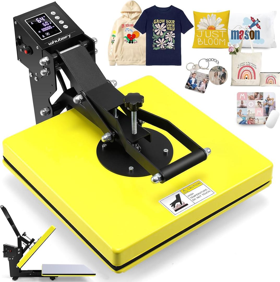 Whubefy Heat Press 15x15 Slide Out, Clamshell Heat Press Machine for T-Shirts, Bags, Mouse Pads & More, Dual-Tube Fast Heating, Digital Industrial Sublimation Printer for Heat Transfer Vinyl (Yellow + Black)