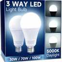 UNILAMP 3 Way LED Light Bulbs, 30/70/100W Equivalent, Daylight White 5000K, A19 Three Way Light Bulbs with E26 Medium Base, 2 Pack for Desk and Floor Lamps
